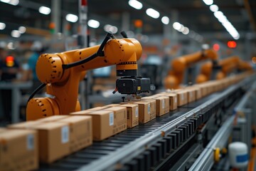 A bright orange robotic arm whirs along the conveyor belt in the bustling factory, showcasing the perfect fusion of machine precision and indoor engineering