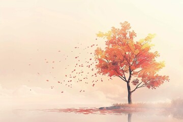 Gentle minimal autumn landscape, a tree that is in the fog, whose leaves of warm red and yellow...