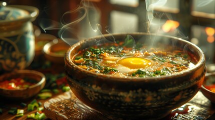 a bowl of soup with an egg in it is on a table
