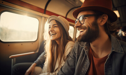 Happy young couple sitting in the train , traveling to their vacation by train.  Active lifestyle concept
