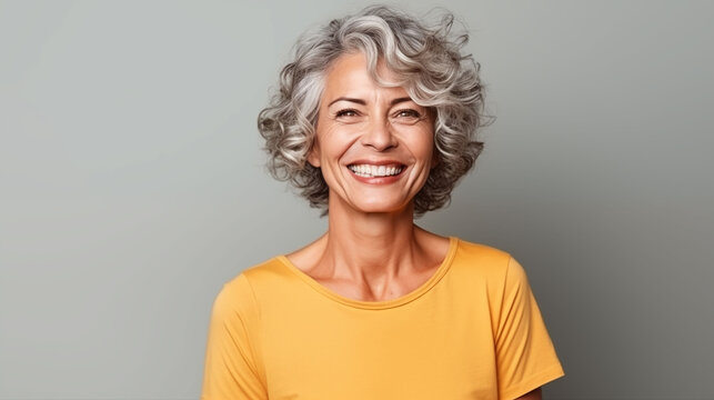 Close up of  mature woman with white skin, grey short hair, wavy hair and a clear yellow t shirt, isolated in a light grey studio. Portrait person.