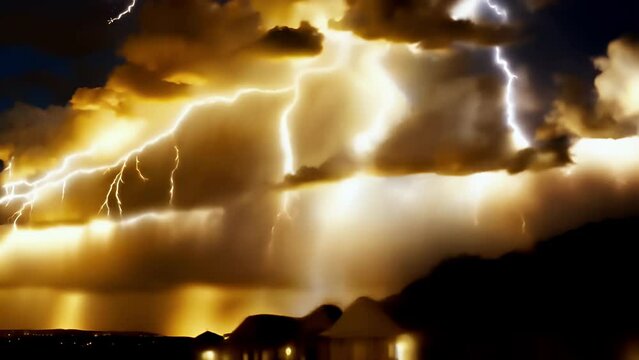 
powerful lightning illuminates the night sky, striking the ground, the force of a thunderstorm against the background of gloomy clouds.
Zarnitsa.
Concept: natural disasters and weather conditions
