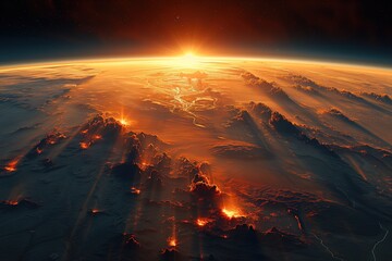 Nature's breathtaking beauty unfolds as the sun rises over the earth, casting a warm glow on the vast expanse of outer space and reminding us of our place in the magnificent universe - obrazy, fototapety, plakaty