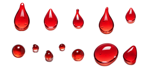 Collection of red water droplet isolated on a white background as transparent PNG