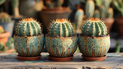 Three Cactus Plants on Wooden Table