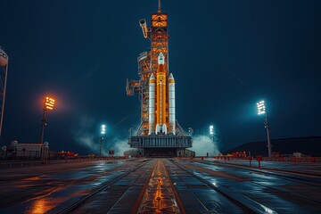 As the street lights illuminate the night sky, a towering space shuttle stands ready on the launch pad, a symbol of electricity and progress amidst the winter cityscape of skyscrapers and landmarks - obrazy, fototapety, plakaty