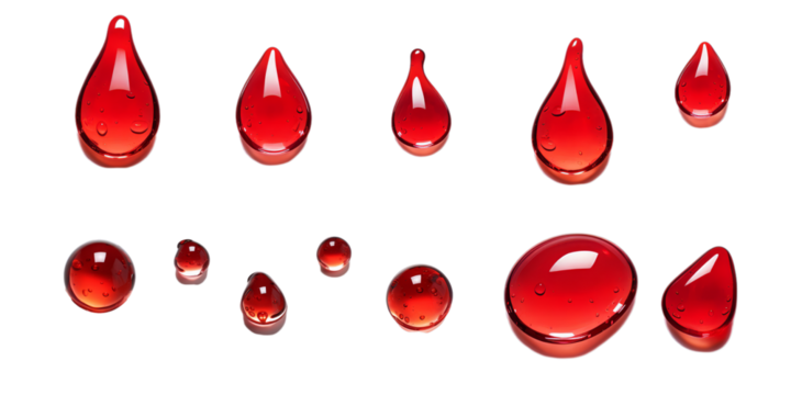 Collection of red water droplet isolated on a white background as transparent PNG