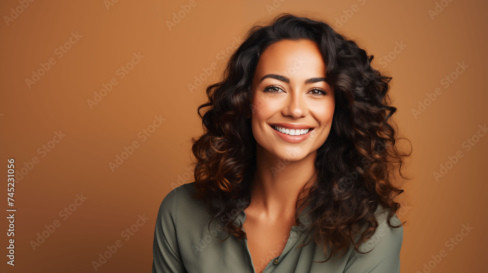 Wall mural Close up of young woman with white skin, brown long hair, wavy hair and a clear olive green t shirt, isolated in a light brown studio. Portrait person.