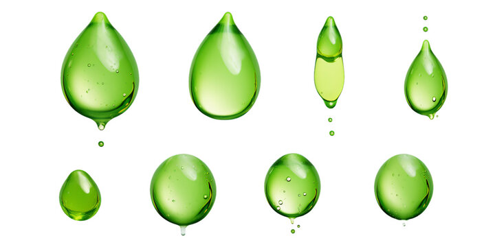 Collection of green water droplet isolated on a white background as transparent PNG