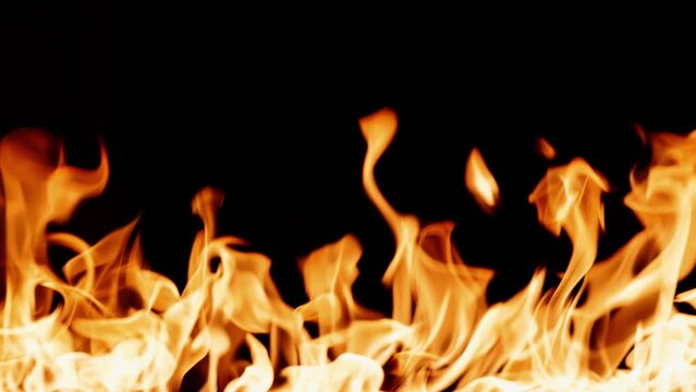 Fire burning. Bright burning flames on a black background. Fire in slow motion. Wall of Real fire, abstract background. Super slow motion video