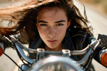 Fototapeta na wymiar Close-up of a young woman riding a motorcycle, hair flowing in the wind