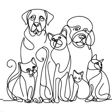 Single line vector image, a group of cats and dogs sitting together