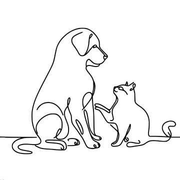 Contour, graphics, vector, black and white one line drawing, a cat touches a dog with its paw