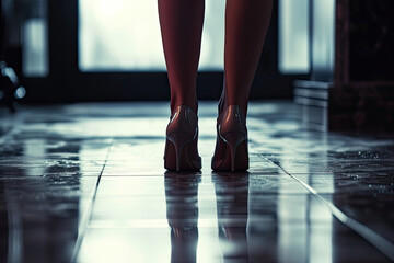 Womans Legs in High Heels on Tiled Floor - obrazy, fototapety, plakaty