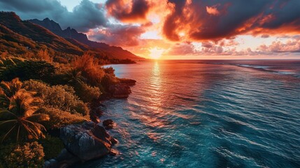 Generative AI Breathtaking French Polynesia, vibrant sunset hues, aerial drone view, tranquil waters, detailed sunset scen
