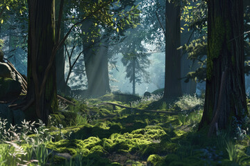 A serene woodland scene with sunlight filtering through the trees onto a moss-covered forest floor