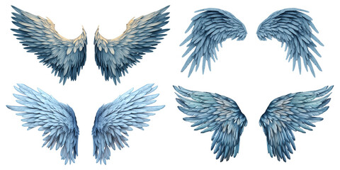 Collection of blue fantasy wing isolated on a white background as transparent PNG