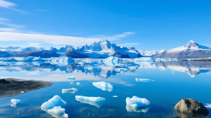 Icebergs reflecting in calm sea water under blue sky in daylight