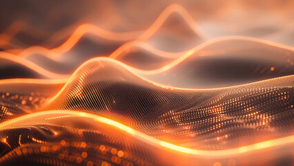 Abstract digital wave background with glowing particles forming undulating patterns and dynamic motion in warm orange tones.