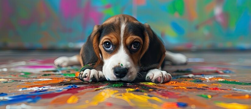 A mischievous beagle puppy is laying on the floor covered in colorful paint, creating a playful and messy scene. The puppys fur is streaked with different shades, showcasing its curiosity and