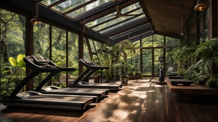 Fototapeta na wymiar Generative AI Fitness Retreat exercise equipment surrounded by dense forest