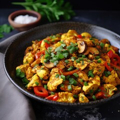 A vegan alternative to scrambled eggs made from vegetables and mushroom