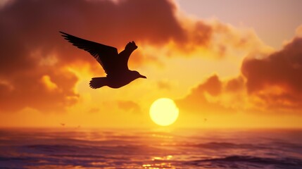 Fototapeta na wymiar Seagull flying over the sea at sunset. 3d render