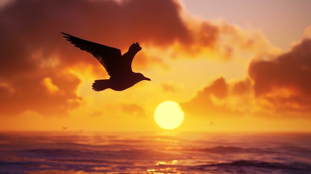 Seagull flying over the sea at sunset. 3d render
