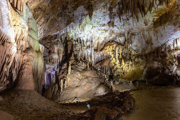 Prometheus Cave Natural Monument - largest cave in Georgia with hanging stone curtains, stalactites...