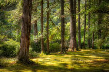 Fototapeta na wymiar A serene woodland scene with sunlight filtering through the trees onto a moss-covered forest floor