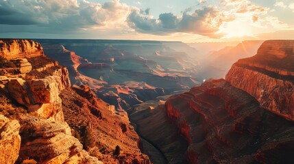 Generative AI Canyon formations, drone's perspective, vibrant sunset hues, expansive canyon vista, photorealistic dusk over the Grand Canyon - obrazy, fototapety, plakaty