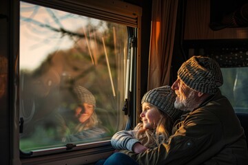 Obraz na płótnie Canvas Joyful Father and Daughter Enjoying View from a Camper Window Amidst Nature