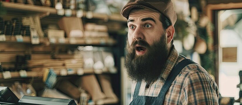 A bearded man at a small ecommerce business appears shocked and skeptical with a sarcastic expression, his mouth open in surprise.
