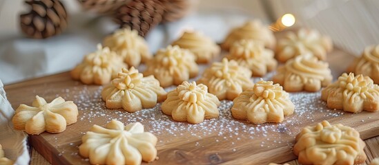 A wooden cutting board is filled with an array of freshly baked cookies. The cookies are various shapes and sizes, with different decorations and frosting. The selective focus showcases the intricate