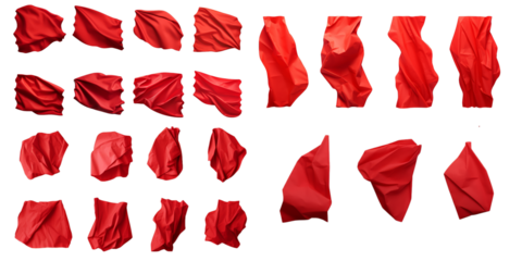 Collection of red crumpled paper isolated on a white background as transparent PNG