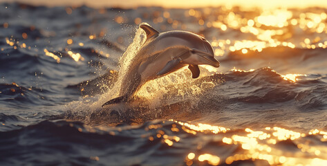 sunset on the lake, Elegant Bottlenose Dolphin Jumping Freeze a moment in time as a bottlenose dolphin leaps joyfully out of the water, its sleek body glistening in the sunlight as it arcs gracefully  - Powered by Adobe