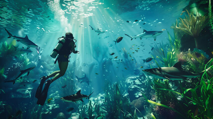 Fototapeta premium Divers with lots of fish and sharks under water 