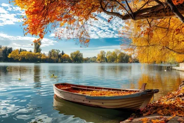 Fotobehang Serene lake scene with vibrant autumn colors © Veniamin Kraskov