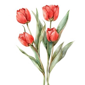 Watercolor Red Tulips Bouquet