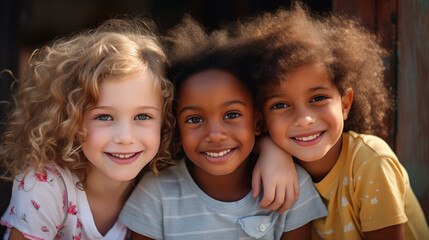 3 girls, different skin colors A confident many child posing against a Isolated backdrop, her bright smile  and a clear orange t shirt, isolated in a light brown studio.
