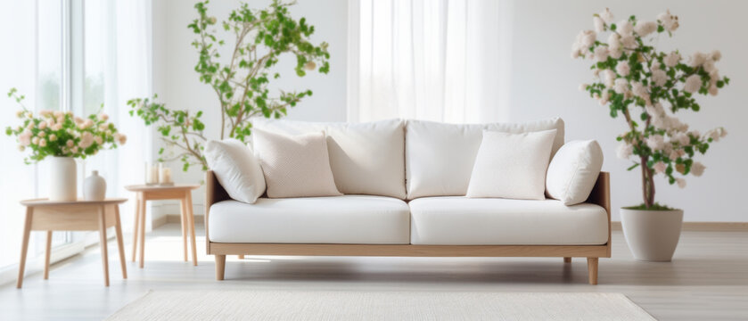 Modern Minimal clean clear contemporary white living room interior  home interior design daylight background, white sofa furniture and flowers couch in living room daylight from window, copyspace