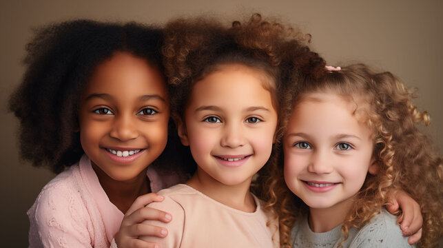3 girls, different skin colors A confident many child posing against a Isolated backdrop, her bright smile  and a clear orange pink t shirt, isolated in a light b grey studio.