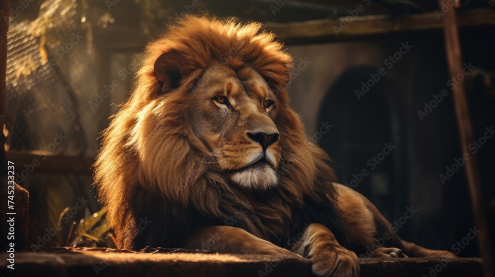 Poster generative ai close-up of a majestic lion resting in its enclosure at the zoo, showcasing wildlife i