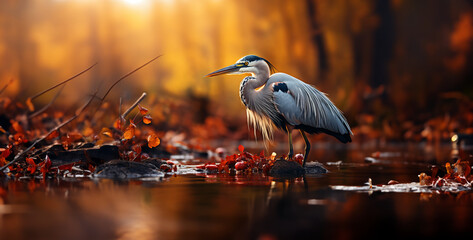 great heron ardea cinerea. Elegant Heron Fishing in Marshland Showcase the grace and precision of a heron as it hunts for fish in the shallow waters of a marshland, its long neck poised to strike at a - obrazy, fototapety, plakaty