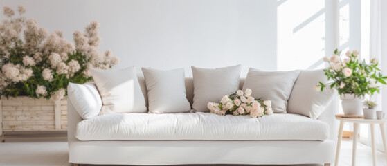 Modern Minimal clean clear contemporary white living room interior  home interior design daylight background, white sofa furniture and flowers couch in living room daylight from window, copyspace