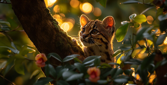 bengal tiger cub, Elegant Margay Perched on Tree Limb Highlight the elegance of a margay as it perches delicately on a tree limb, its spotted coat blending seamlessly with the dappled sunlight filteri