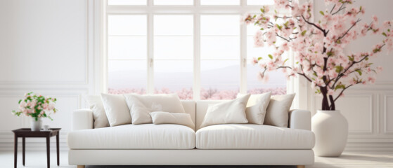 Modern Minimal clean clear contemporary white living room interior  home interior design daylight background, white sofa furniture and flowers couch in living room daylight from window, copyspace