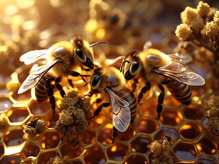 Pracowite pszczoły na złocistych plastrach miodu - obrazy, fototapety, plakaty