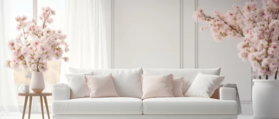 Fotobehang Modern Minimal clean clear contemporary white living room interior  home interior design daylight background, white sofa furniture and flowers couch in living room daylight from window, copyspace © ND STOCK