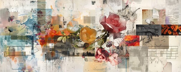 Collage of Flowers and Newspapers on Wall